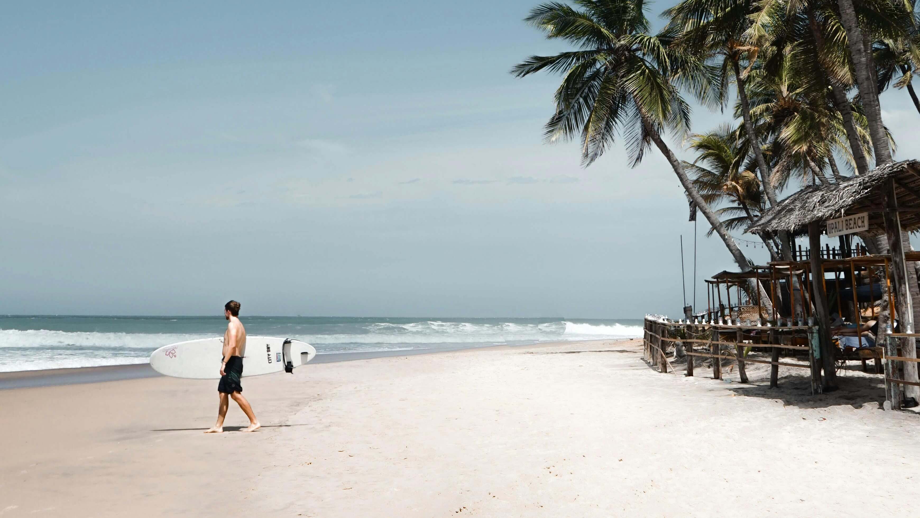 Surfer riding a wave at Arugam Bay beach in Sri Lanka with palm trees and blue ocean in the background.